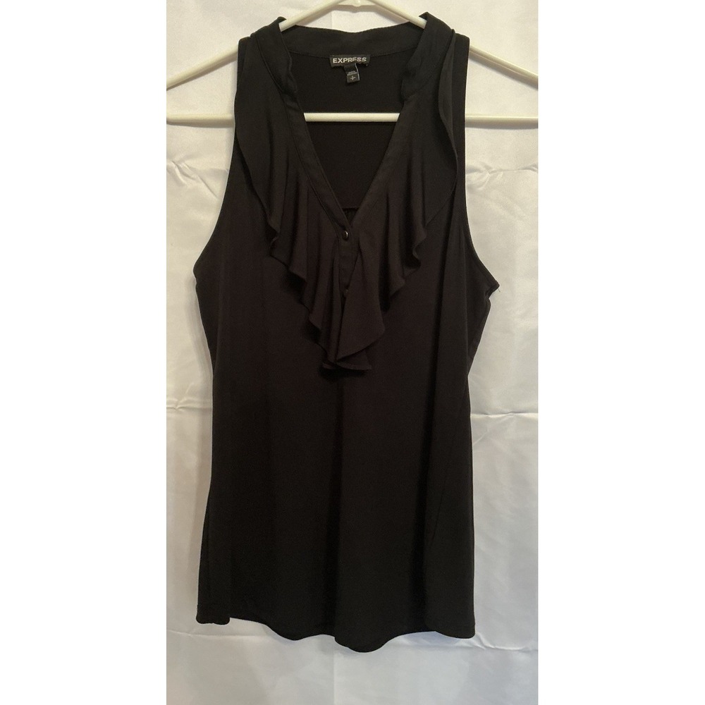 Express Women's Sleeveless Stretch Top Black Ruffle W/Button Accents Size Small‎
